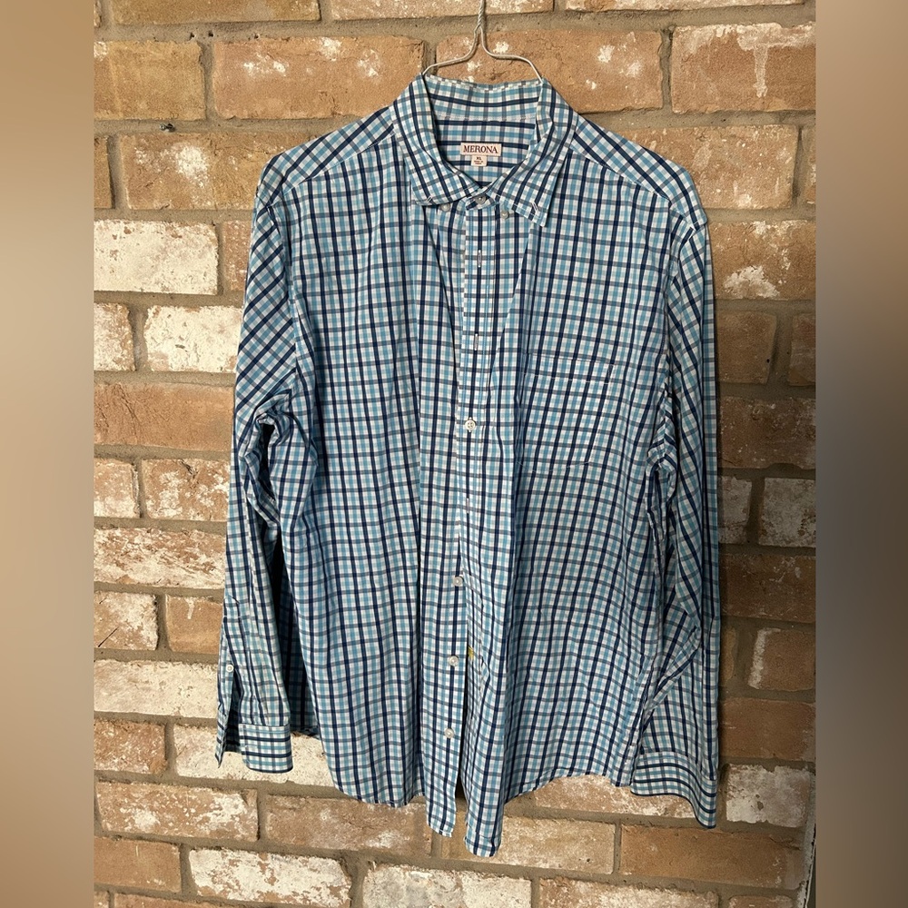 Merona Blue and White Plaid Button Down Shirt. Size XL